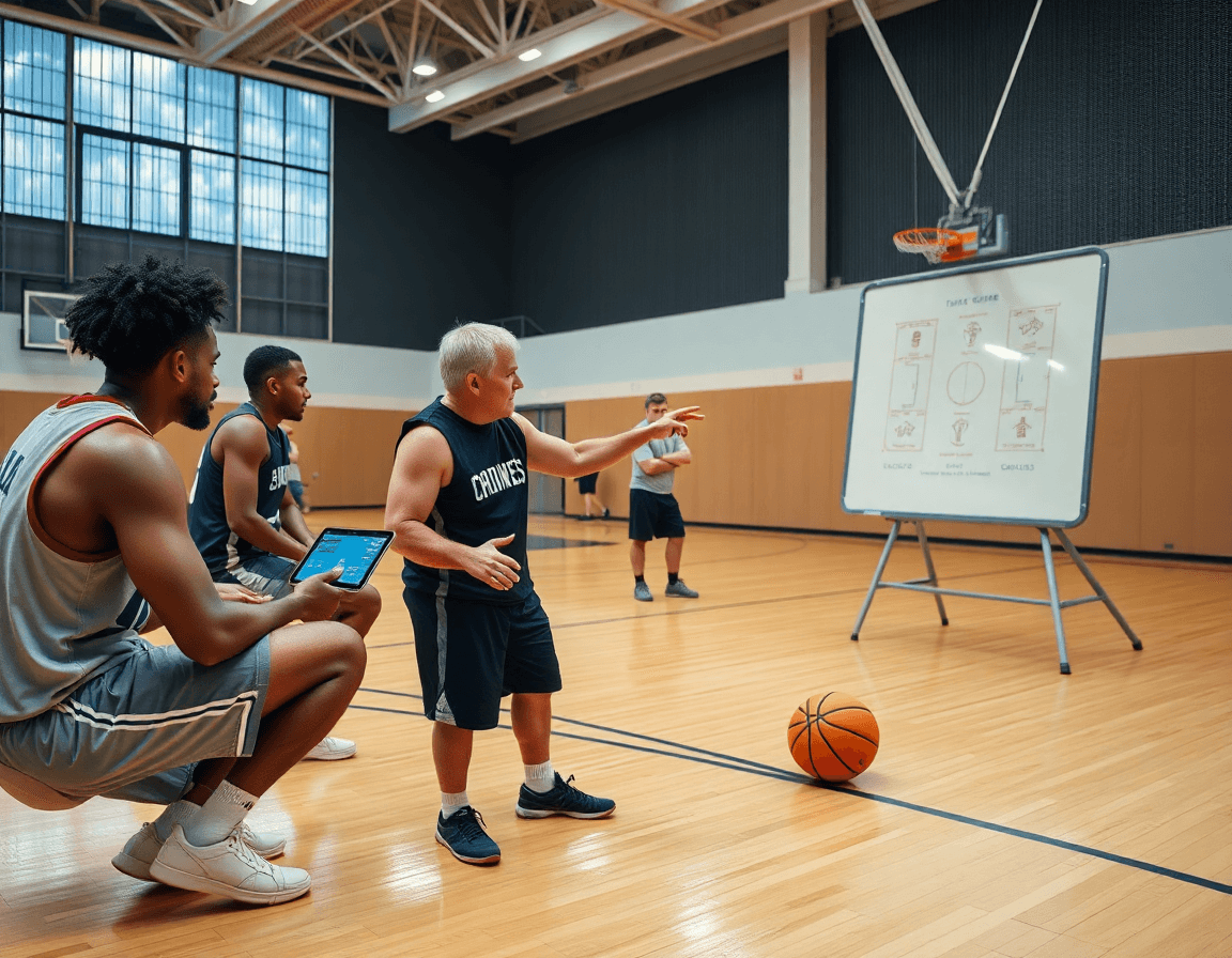 Players study basketball plays from scouting clips while a coach notes basketball practice drills on the whiteboard.