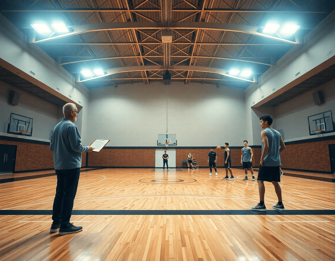 Wide basketball gym scene: coach guiding players through basketball practice drills with clipboard.