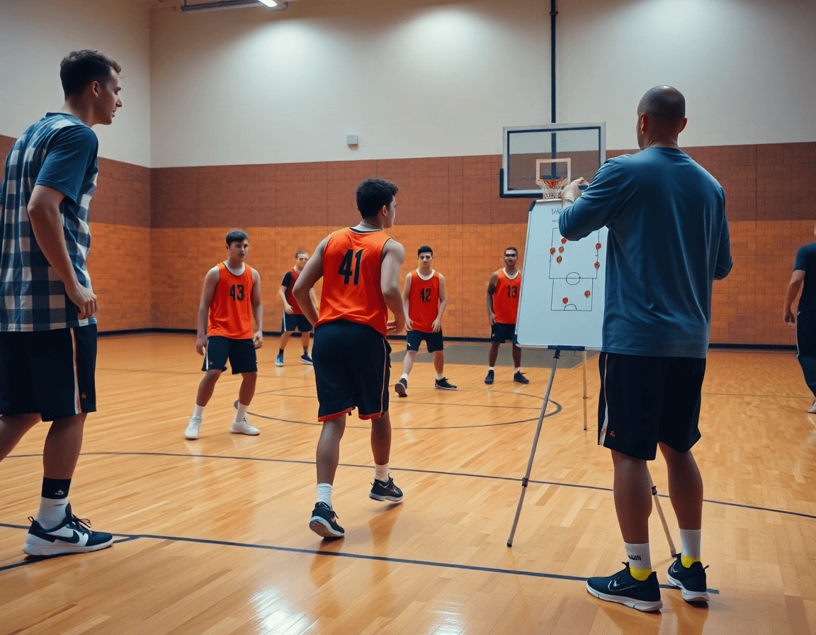 Tight shot of basketball play planning during a basketball practice plan for 3rd graders.