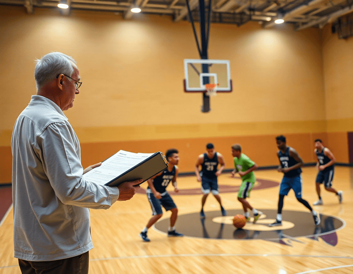 Coach reviews basketball scouting notes as players perform a basketball handling drill.