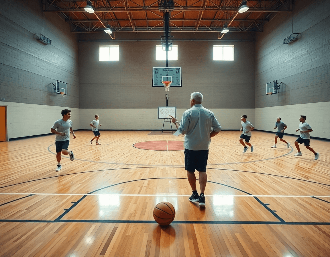 Wide gym shot shows a coach guiding a fundamentals-first basketball practice plan for 3rd graders during basketball warmups.