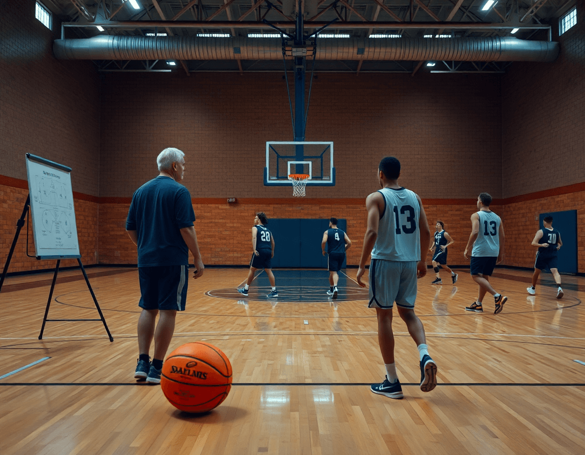 Wide cinematic shot of basketball practice plan example in a gym, coach and players on court.