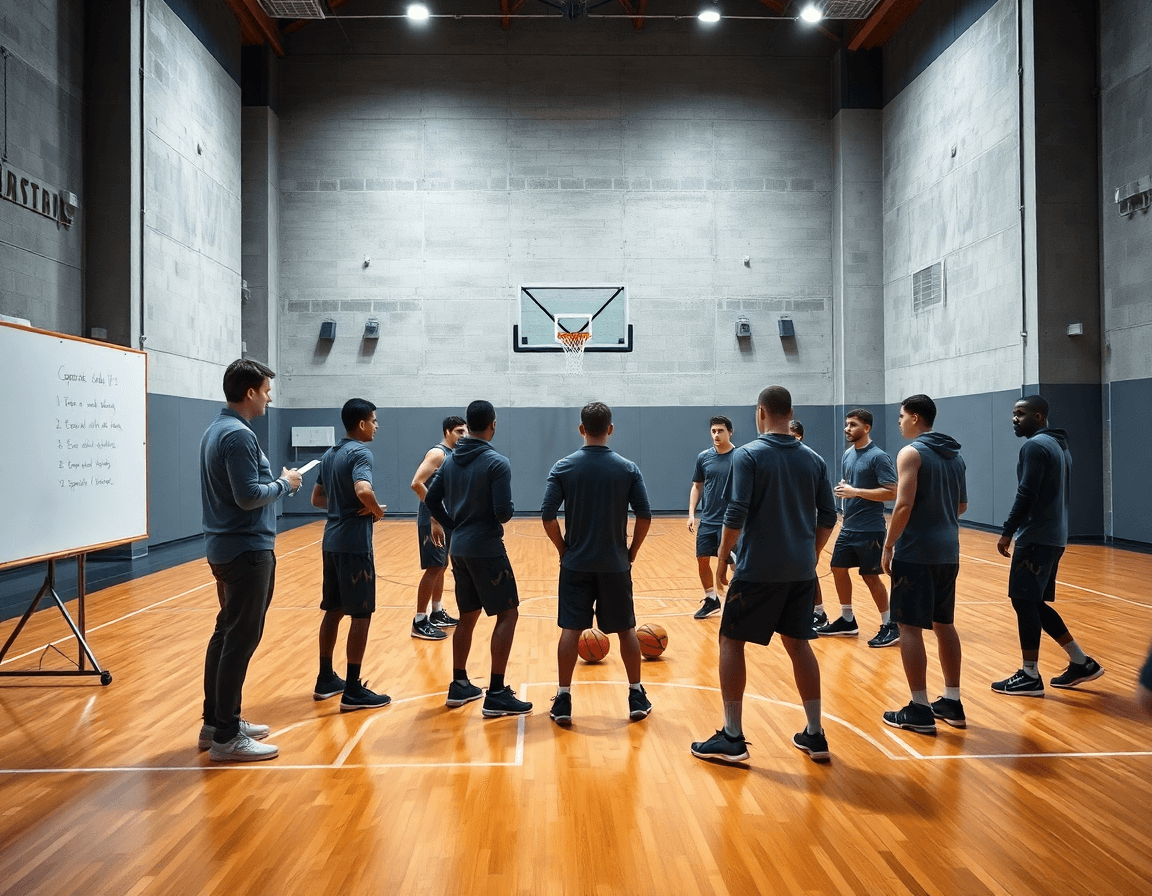 Coach demonstrates basketball practice plan for 7-8 year olds on a whiteboard in a bright gym.