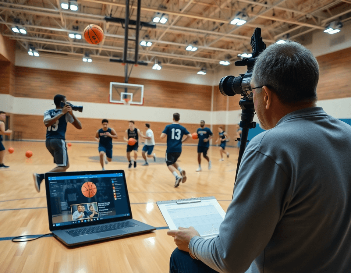 Coach reviews basketball practice plan for 7-8 year olds on a laptop during video session.