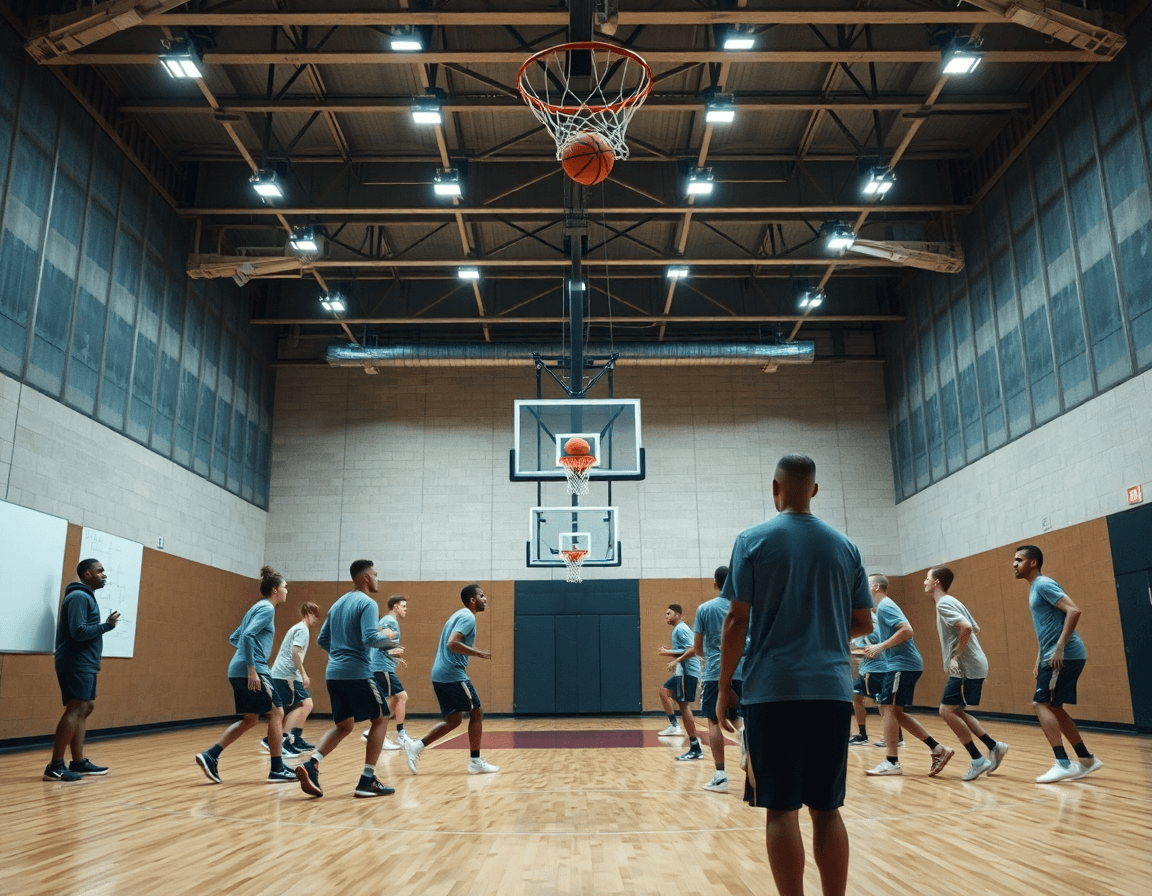 Wide shot of basketball practice plan for 7-8 year olds unfolding in a bright gym.