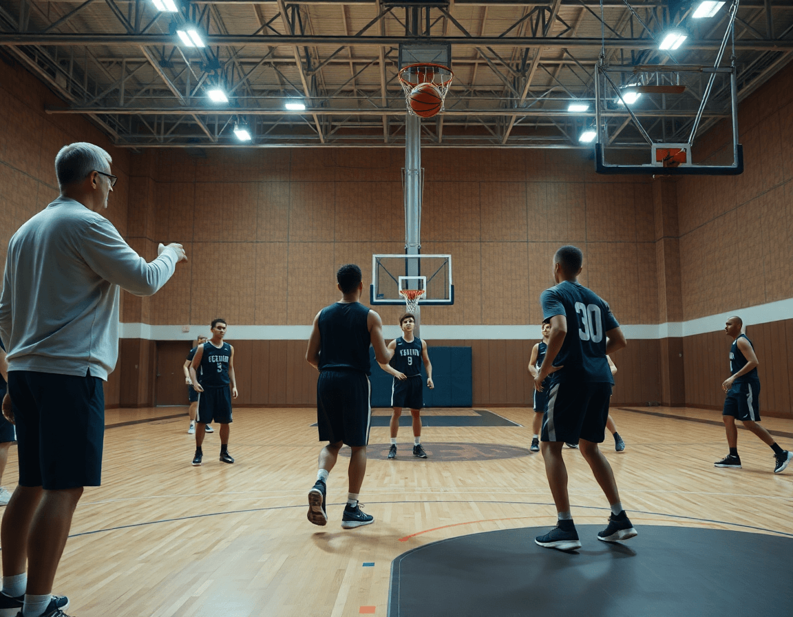 Close-up of basketball practice plan high school drill with the coach guiding players and orange basketballs.