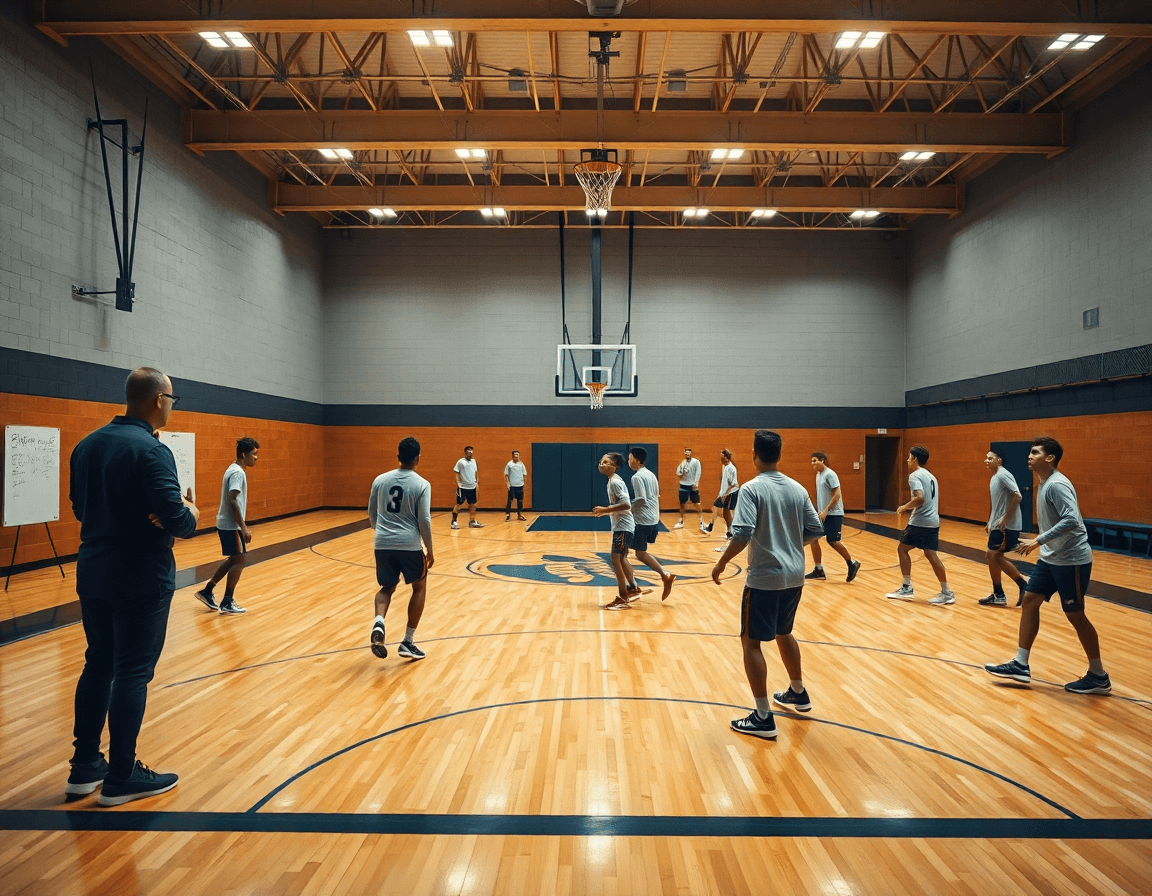 Wide shot showing basketball practice plan high school team on hardwood with coach and orange basketballs.