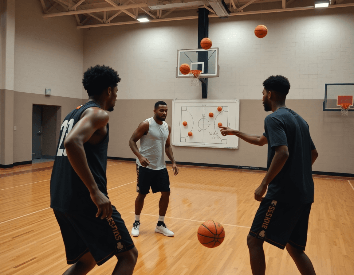 Close-up of hands with a basketball while a coach reviews basketball practice plan pdf on the bench.