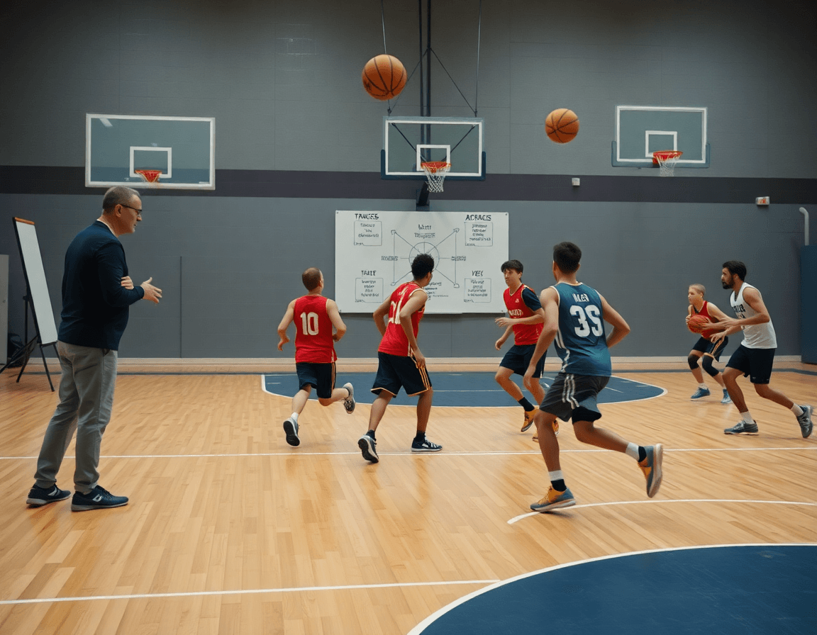 Coach with whiteboard guiding basketball drill, players moving on the hardwood, basketball practice plan pdf on the clipboard.