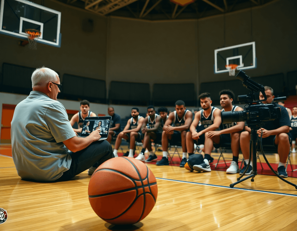 Laptop shows basketball clips while players watch, basketballs on the floor, basketball practice plan pdf visible on screen.