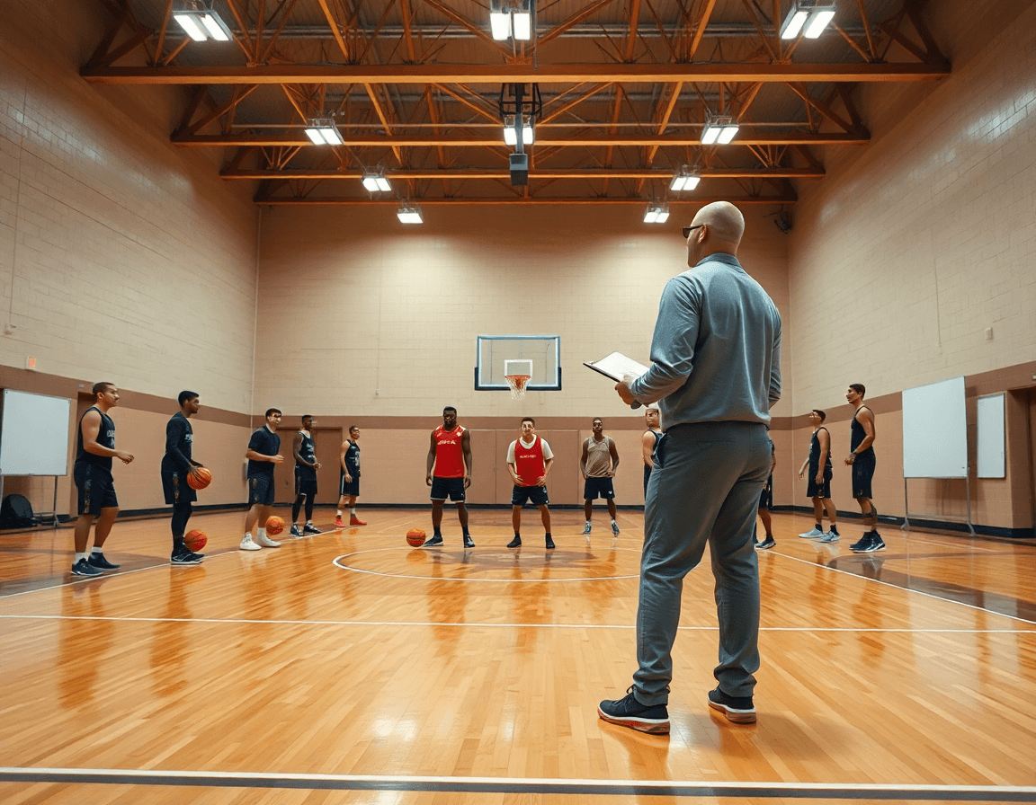 Wide shot of a basketball practice plan pdf guiding a team on court during a drill.