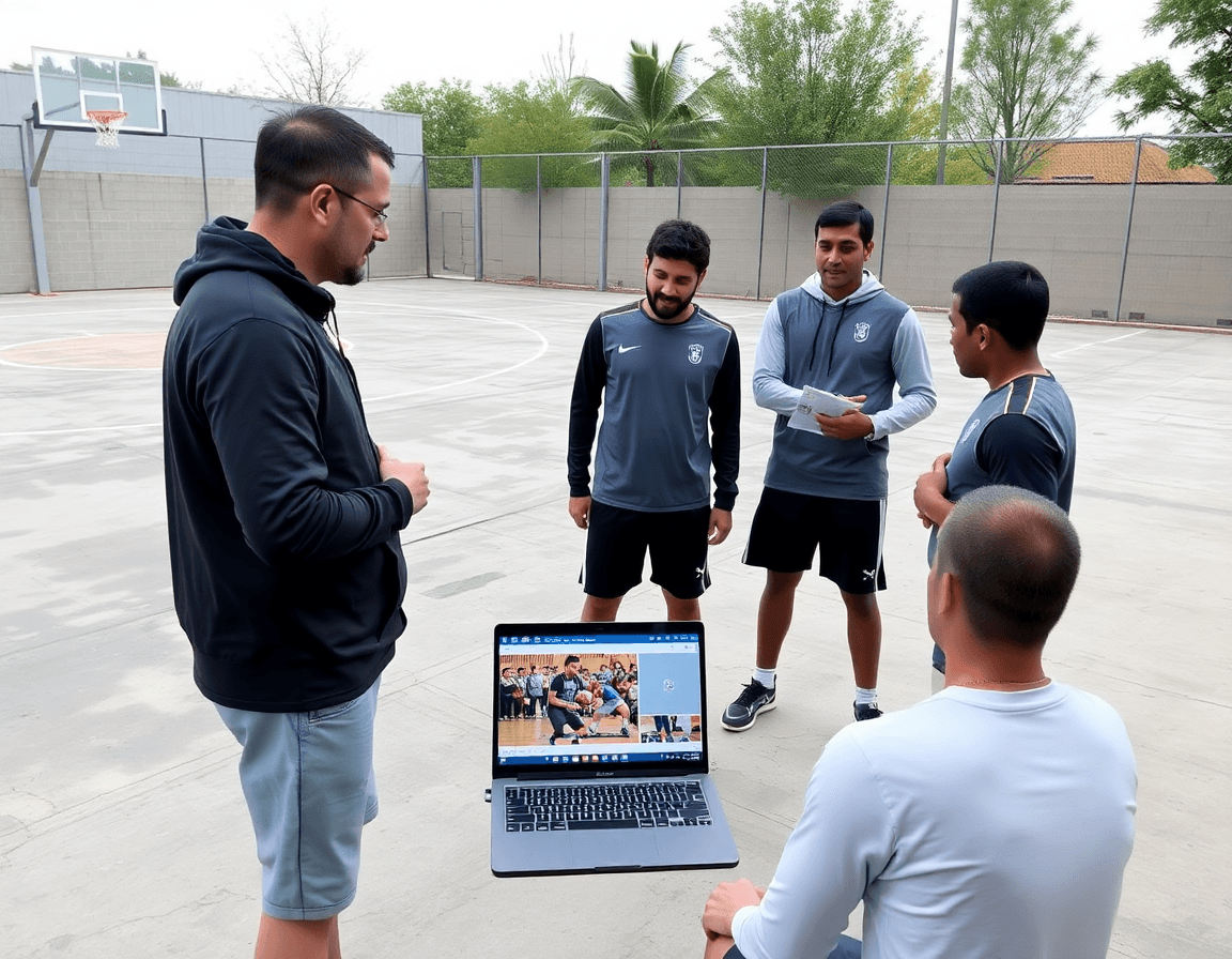 Coach reviews basketball video clips for the basketball practice plan sample with players watching.