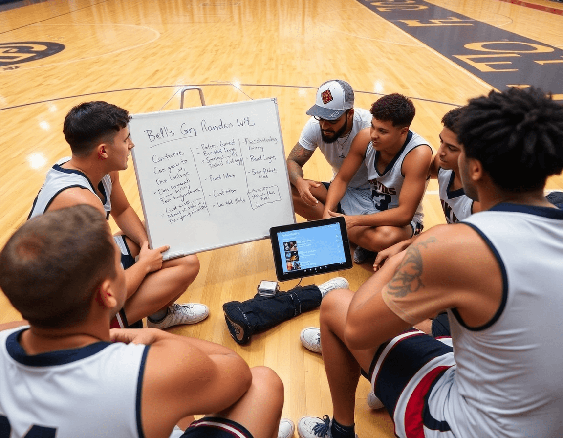 Team huddles around scouting notes for the basketball practice plan sample on the whiteboard.