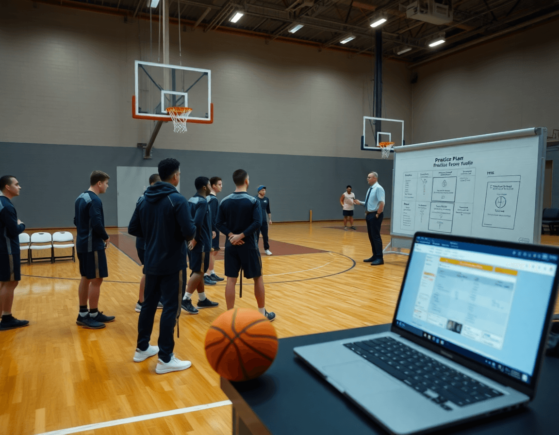 Wide cinematic view of a basketball practice plan sample being used on a busy hardwood court.
