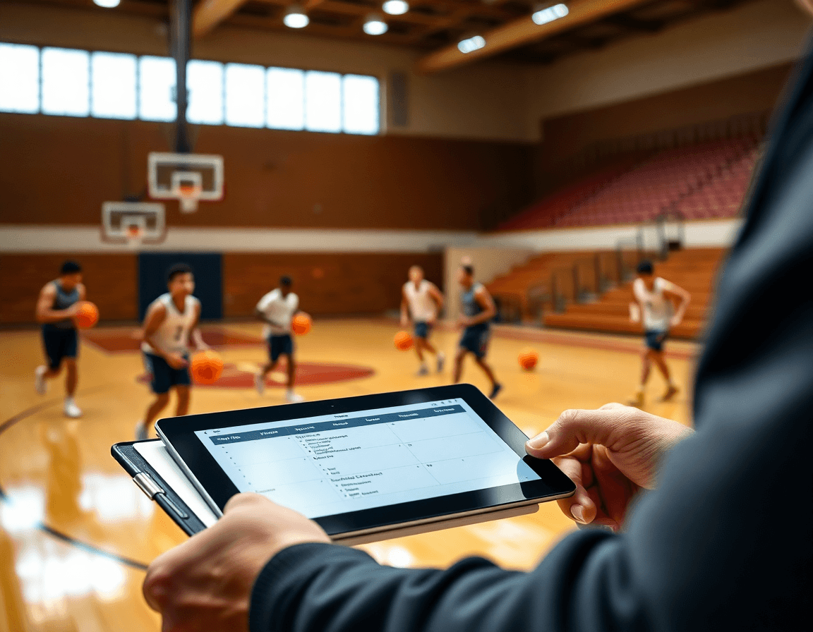 Close-up of clipboard and tablet showing basketball practice plan template excel concept on the court
