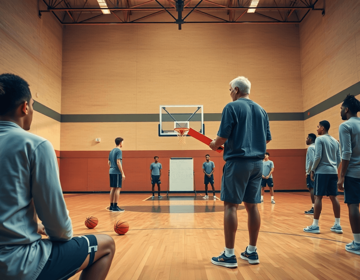 Wide basketball gym scene with a coach and players practicing, illustrating basketball practice plan template excel