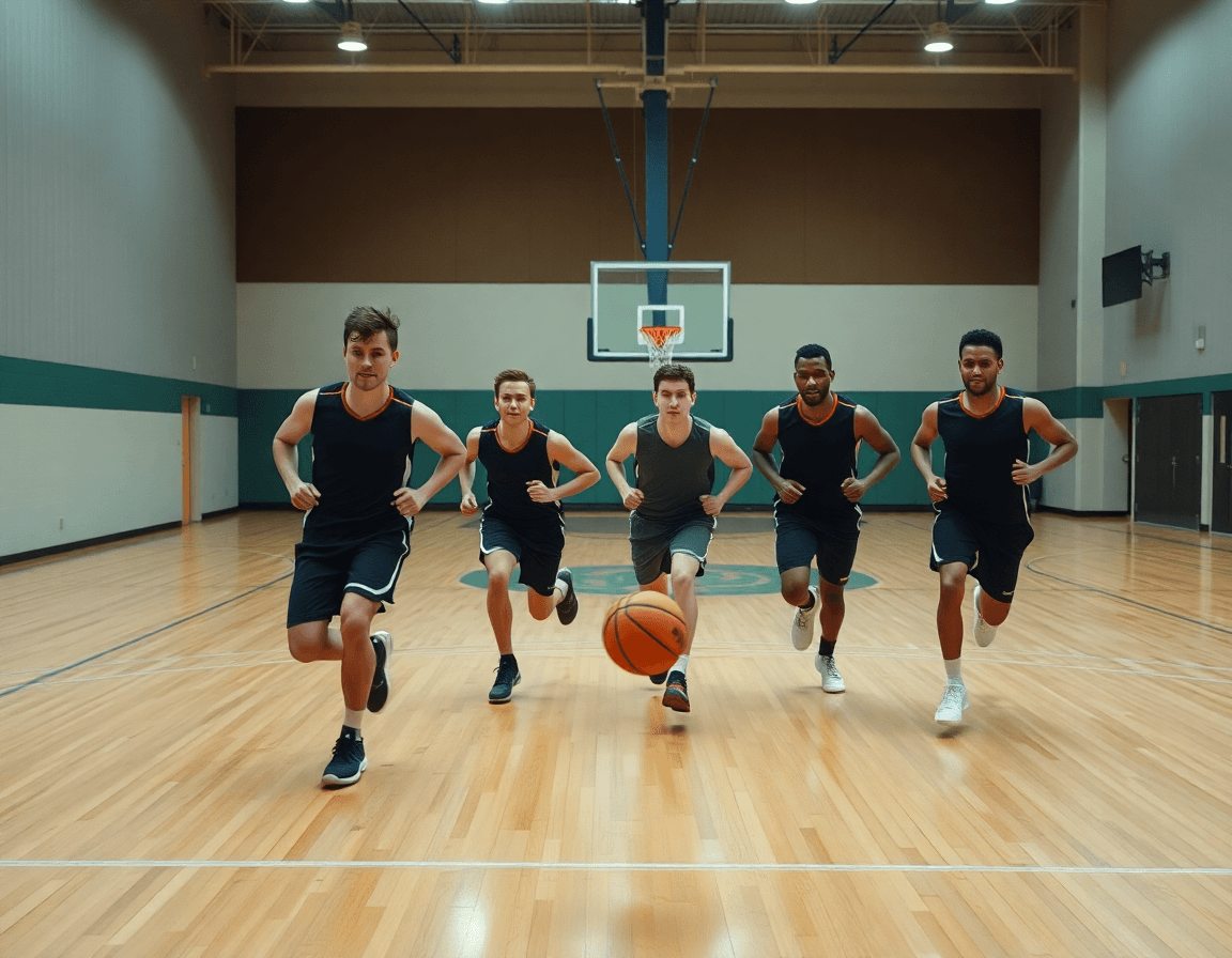 Group sprint basketball drill on hardwood court with basketball practice plan template google docs.