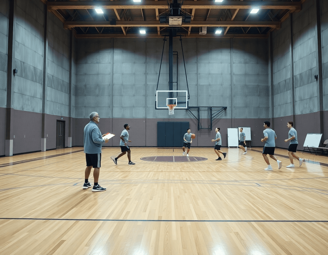 Wide shot of basketball practice plan template google docs guiding a full-court drill.