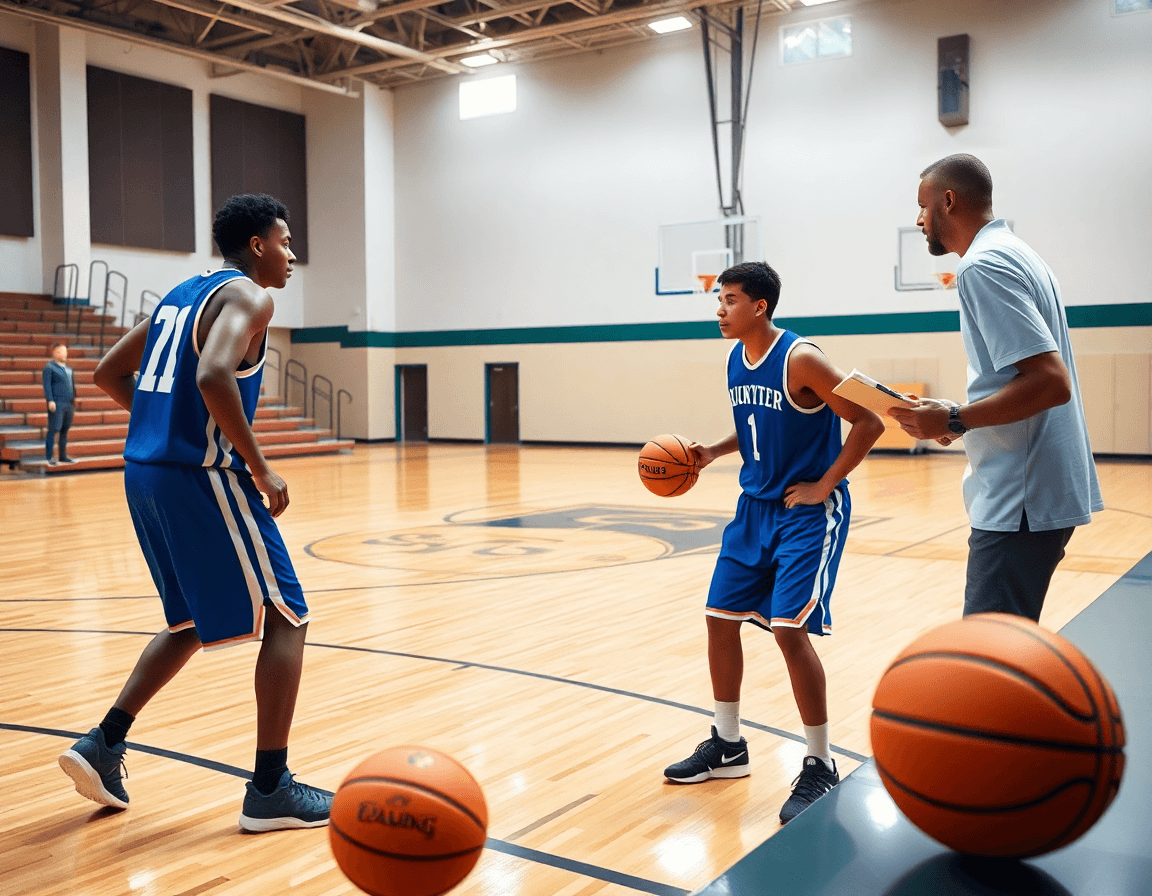 Close-up of a basketball practice plan template on a clipboard during a tight basketball drill.