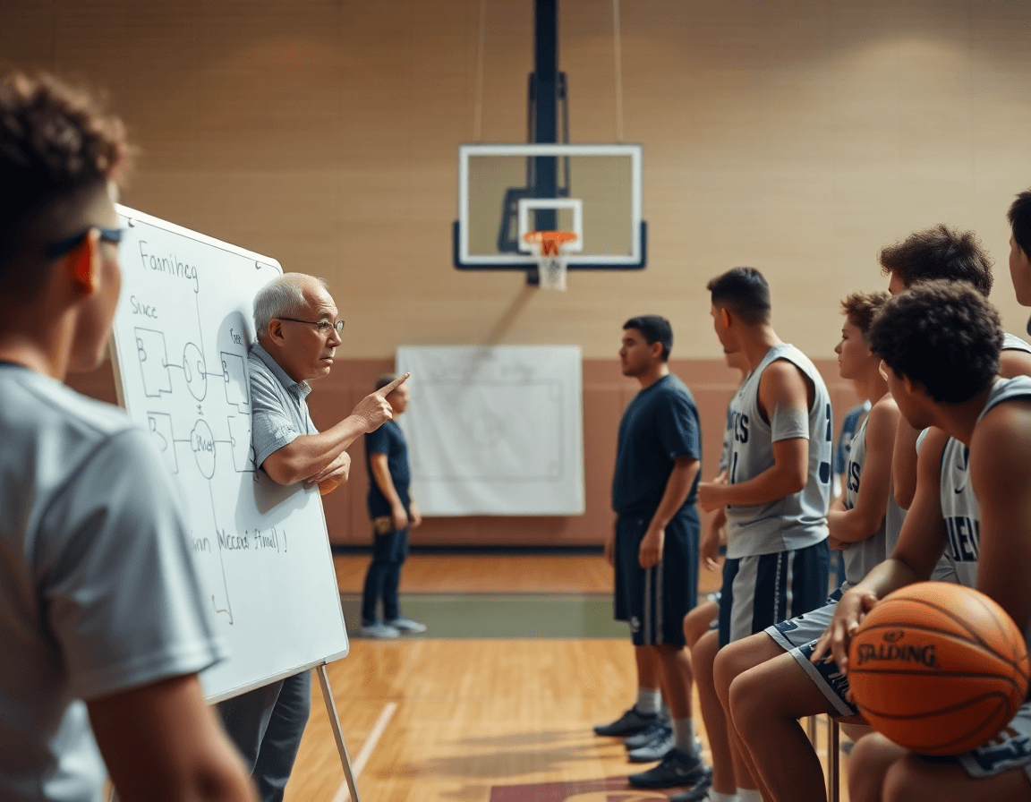 Whiteboard shows a basketball play as players study the basketball practice plan template nearby.