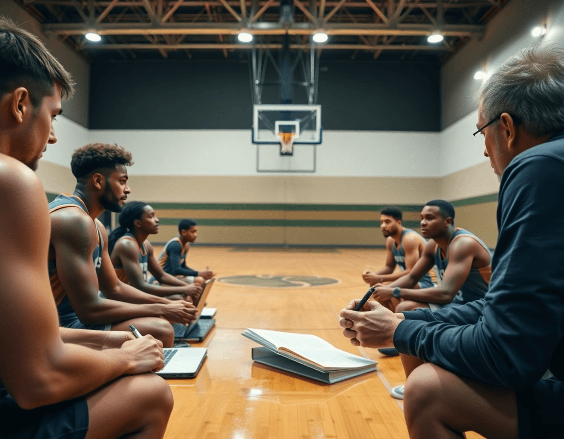 Team reviews basketball video clips on a laptop, receiving basketball feedback from the coach.