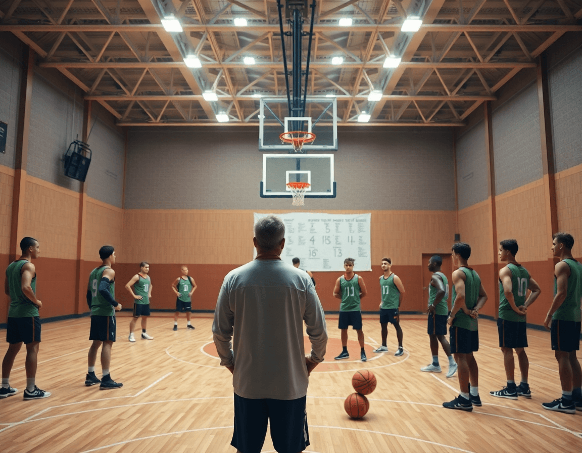Wide basketball gym scene showing a coach and players executing a basketball practice plan template.