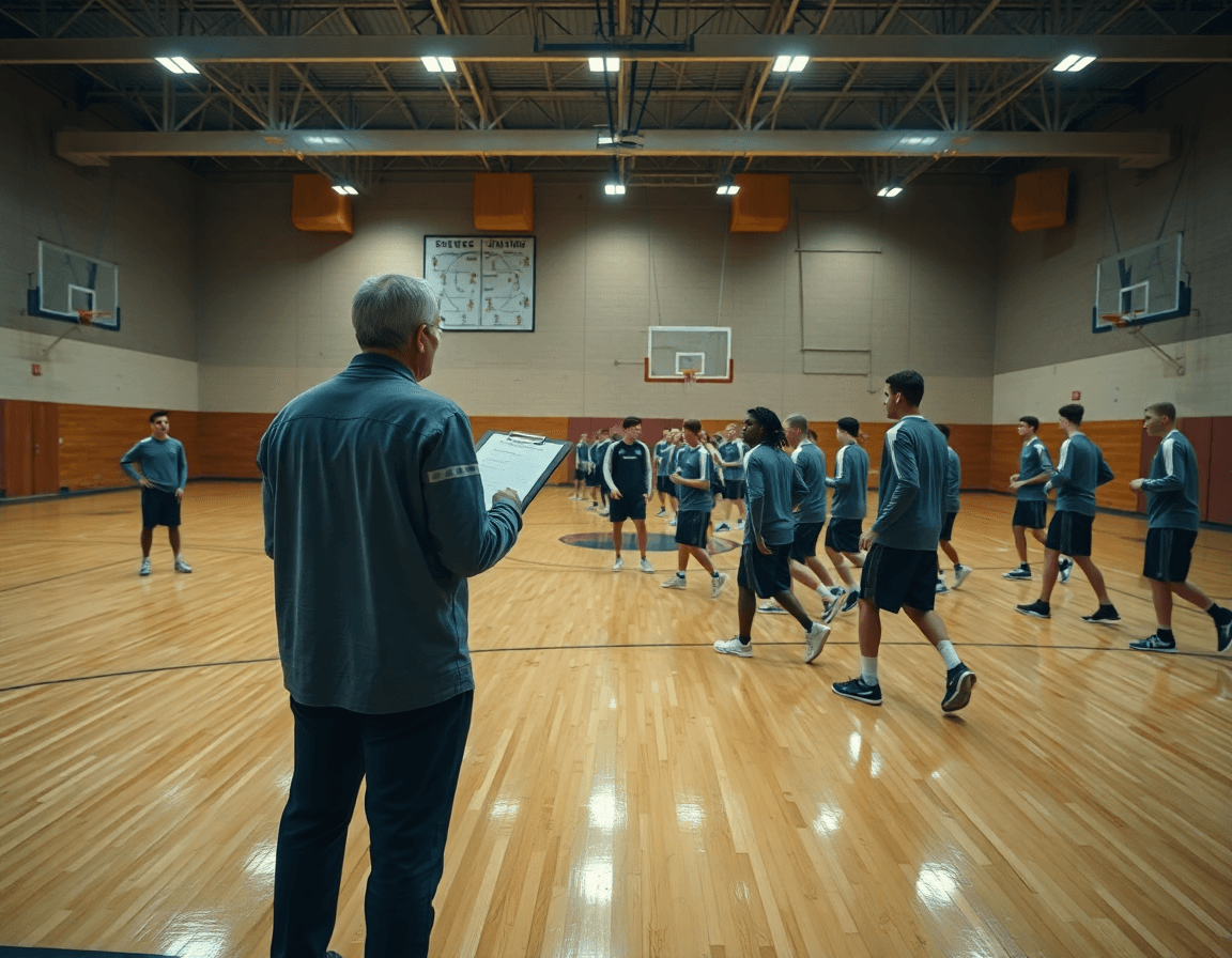 Wide cinematic basketball gym scene showing a coach guiding a basketball practice plan on the court.