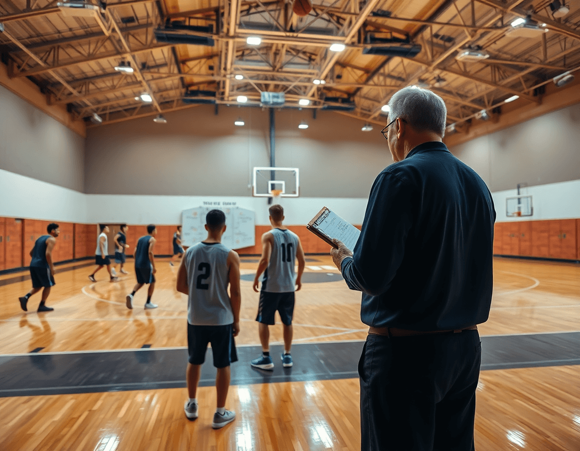 Wide-angle basketball gym scene featuring a coach by a whiteboard guiding players with a basketball practice planner.