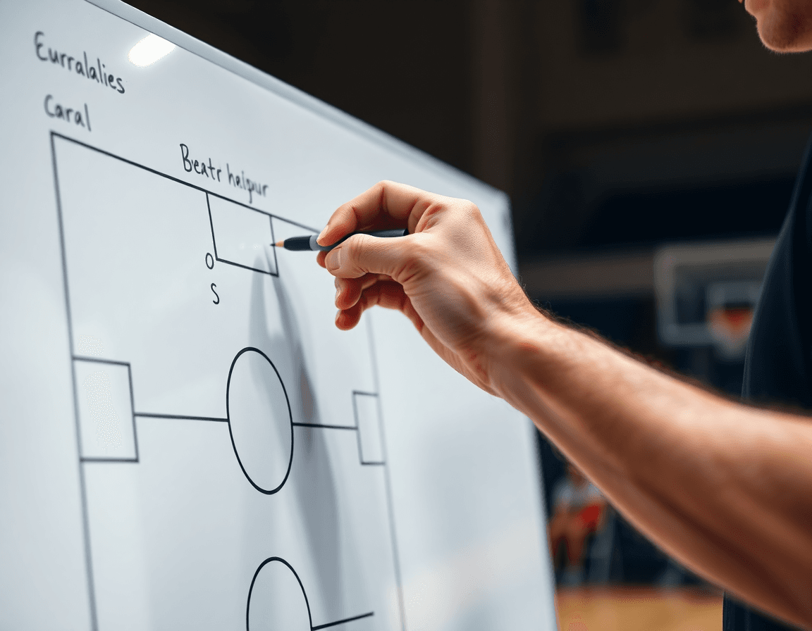Close-up of a coach drawing a basketball play on the whiteboard for a basketball practice planner template.