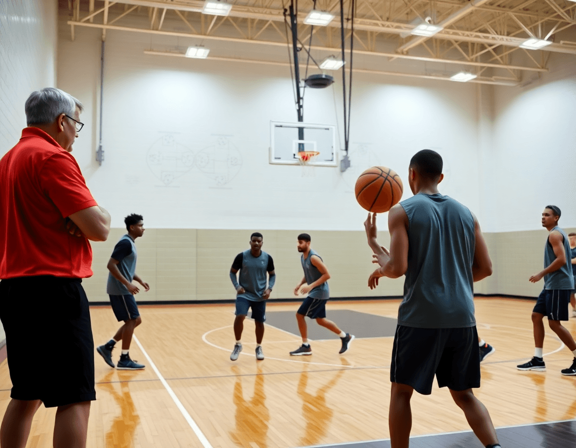 Wide-angle view of a basketball practice planner template in use during a basketball drill on the hardwood.