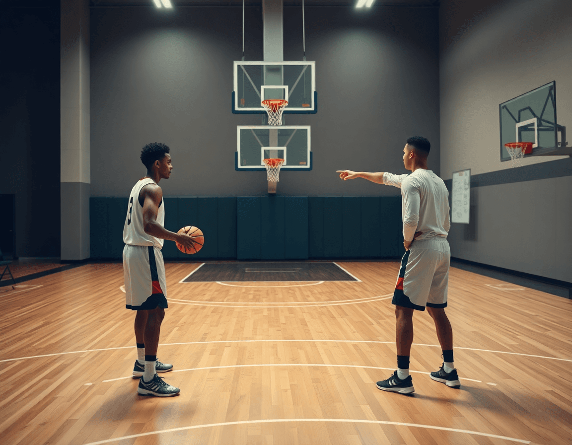Close-up on hands passing a basketball on the hardwood basketball court near the hoop.