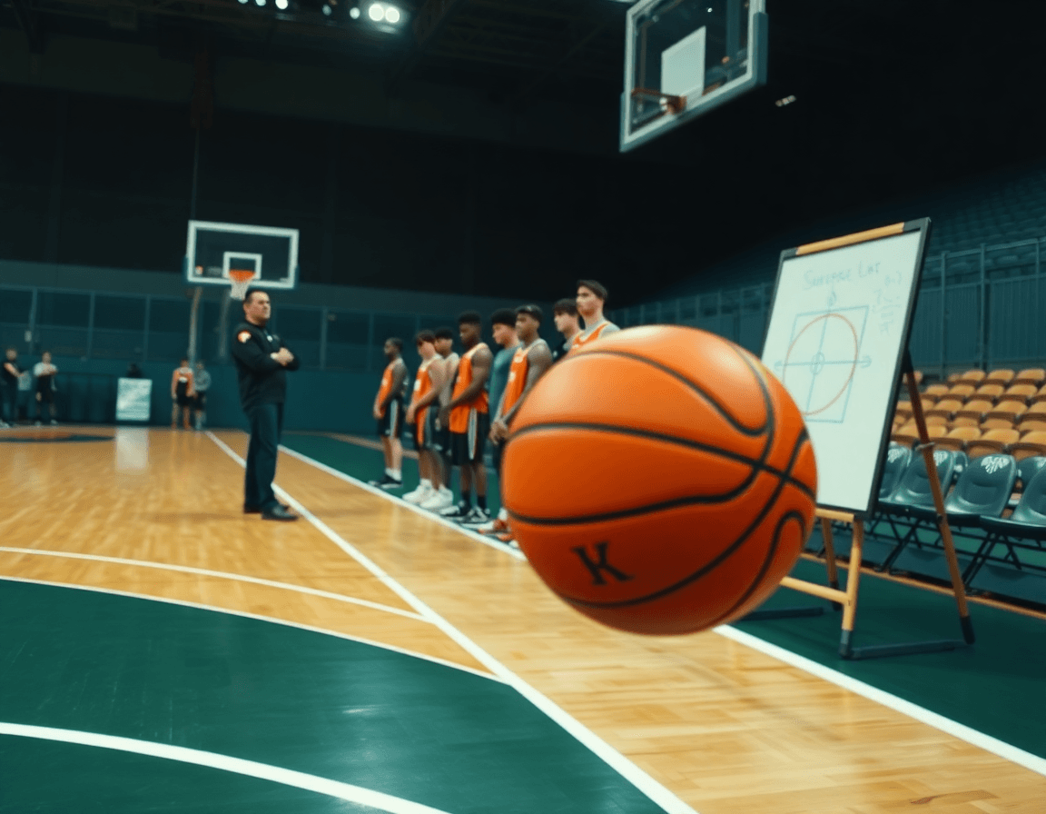 Coach uses basketball practice planning software on a tablet as players execute a drill.