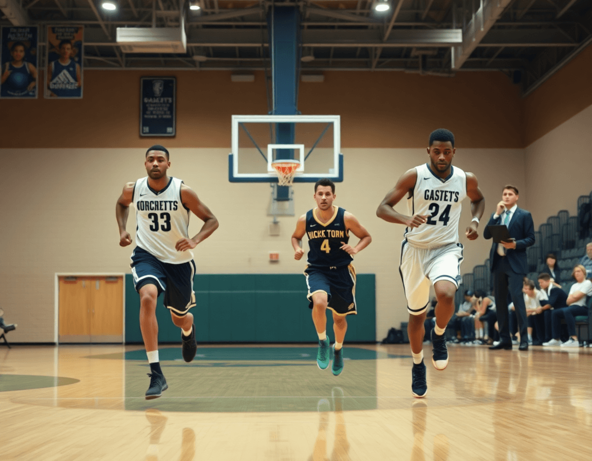 Overhead view of full-court basketball drill; basketball practice planning software cues guide players.