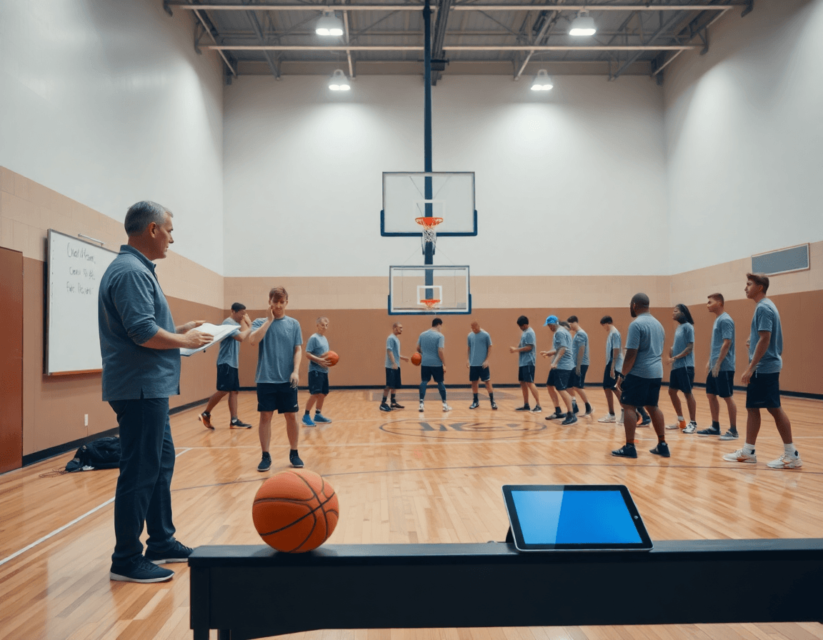 Wide basketball gym scene; coach uses basketball practice planning software on a tablet beside players.