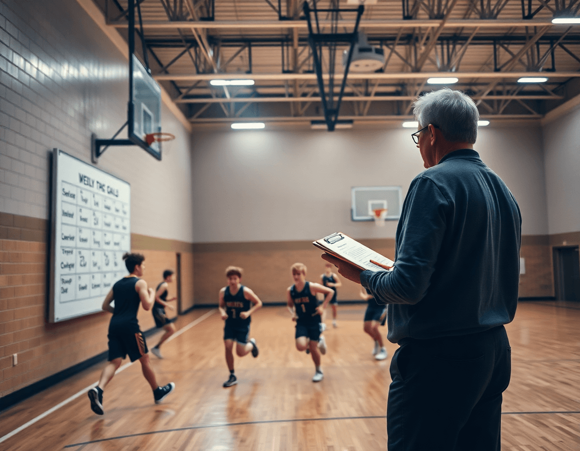 Coach outlines basketball practice plans for high school during a whiteboard session in a gym.