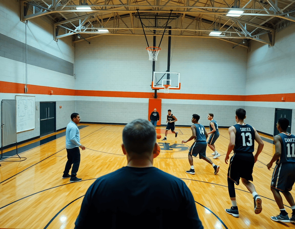 Wide shot of basketball practice plans for high school unfolding on a hardwood basketball court.