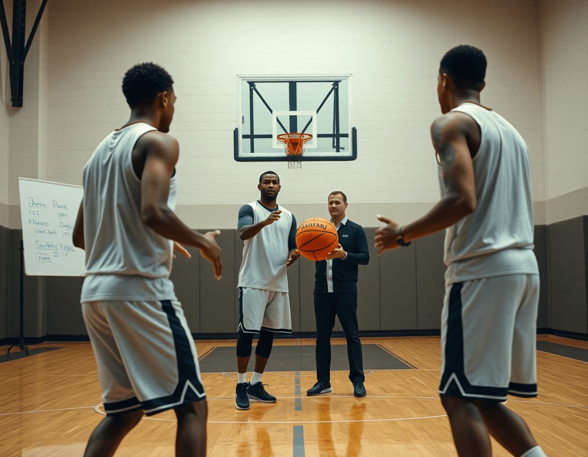 Close-up of hands passing a basketball as coach points to a whiteboard.