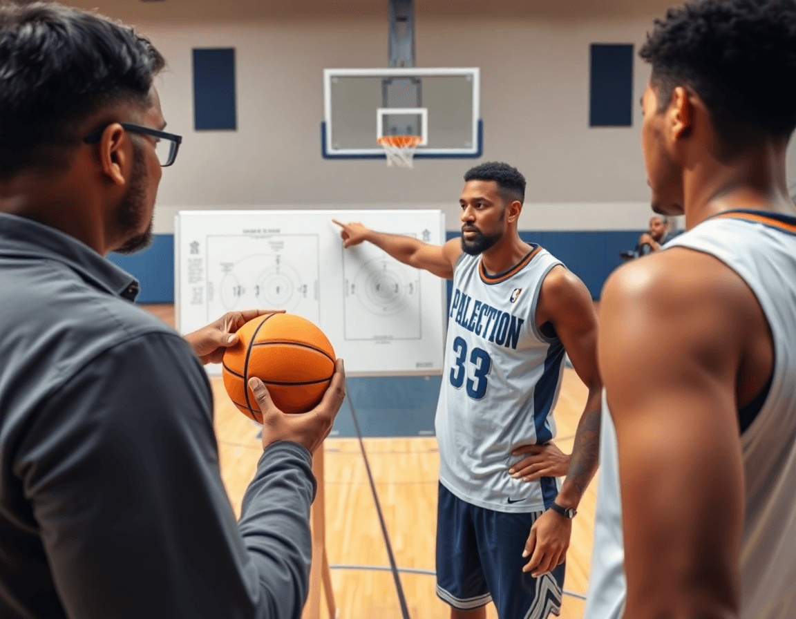 Close-up of coach with whiteboard drawing a basketball play while players grip a basketball.