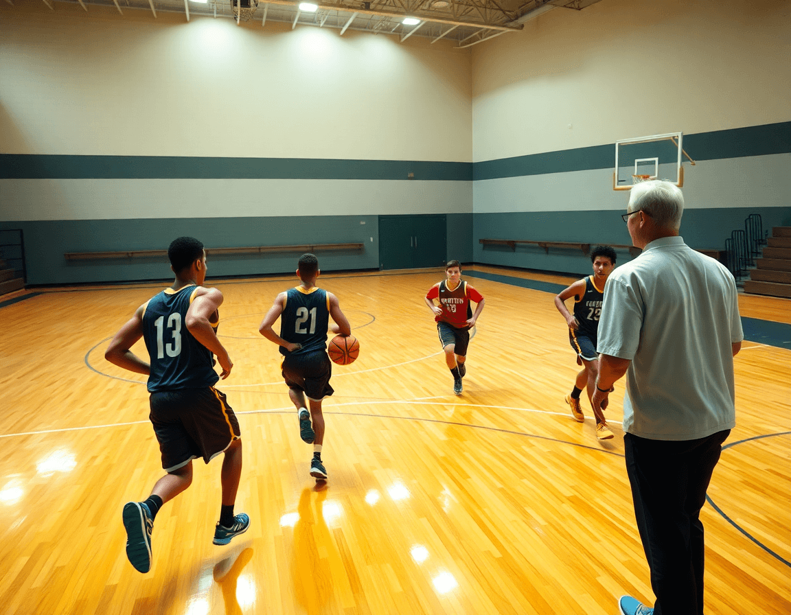 Wide shot of players sprinting a basketball drill across a hardwood basketball court.