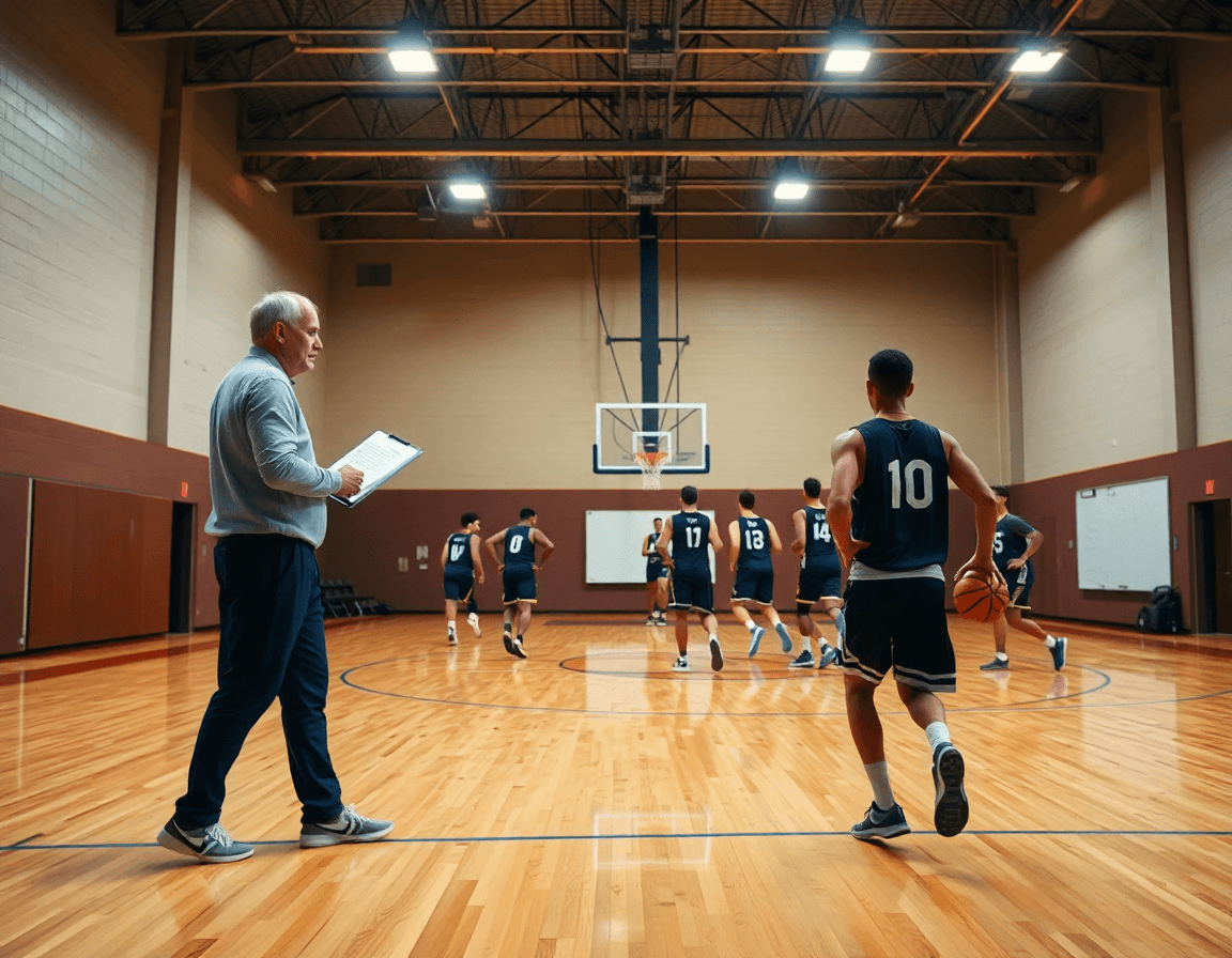 Wide basketball gym scene as coach reviews basketball practice plans pdf with players.