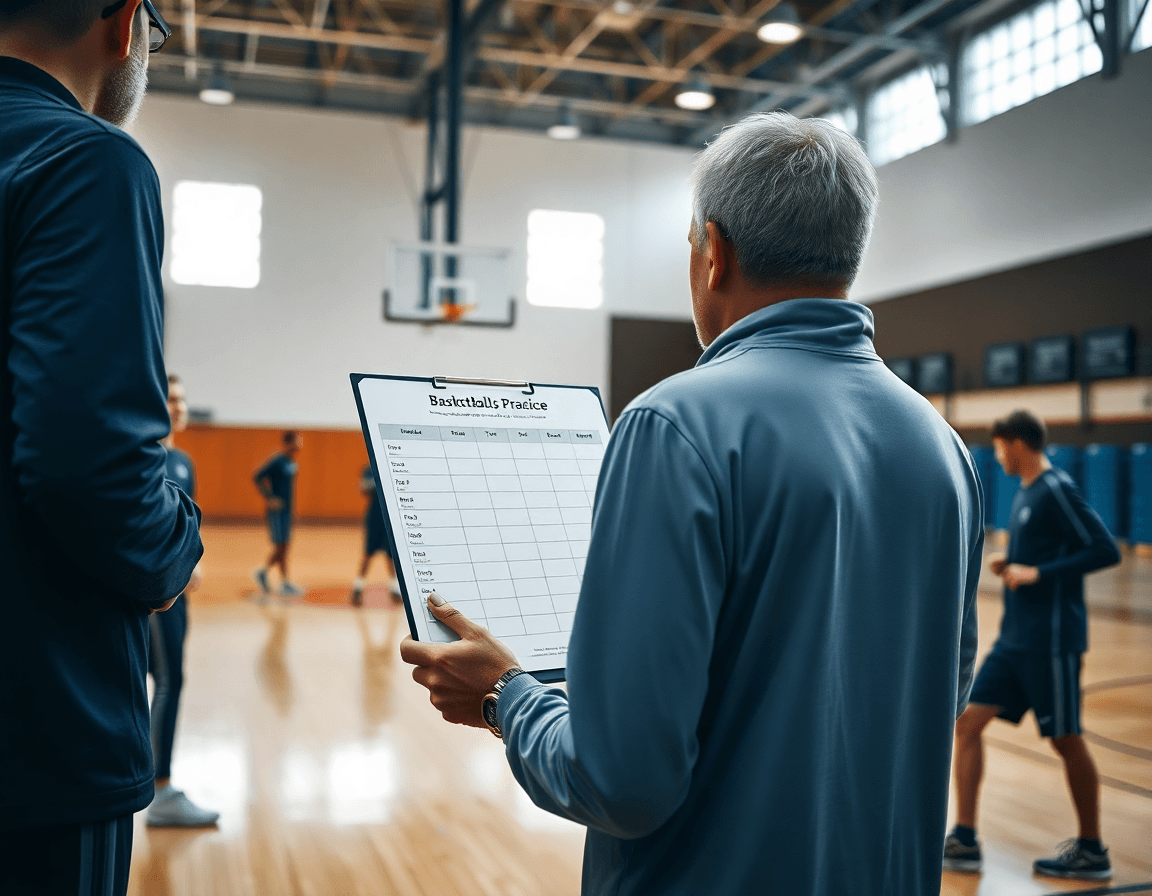 Coach reviews a basketball practice template pdf on a clipboard as basketball players warm up.