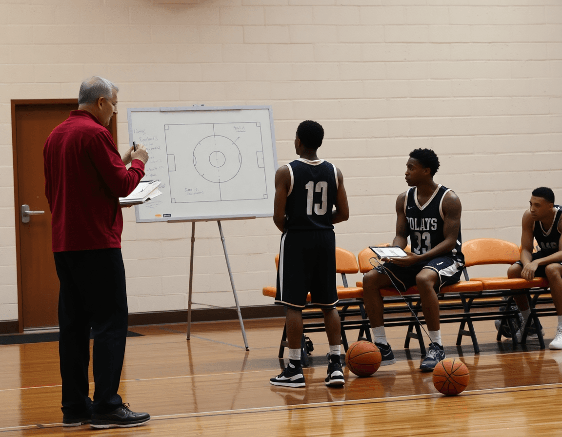 Two players practice a basketball drill while a coach sketches a basketball play on a whiteboard.