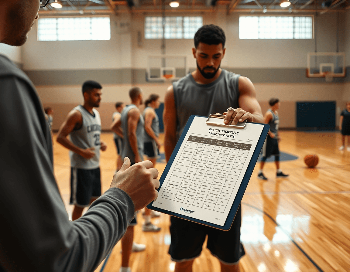Players fill a basketball practice template pdf handout on the bench during basketball warmups.