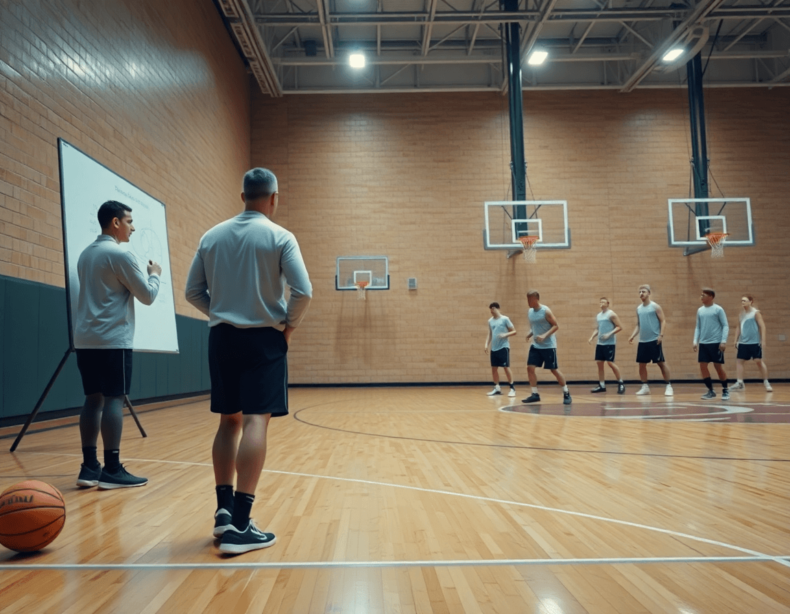 Wide basketball gym scene with coach guiding players through a basketball practice template pdf.