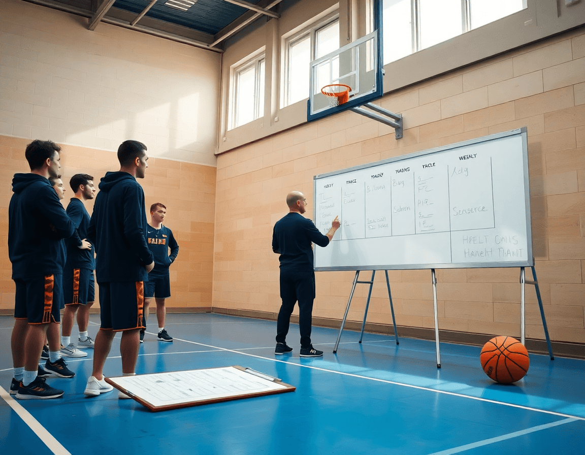 Coach outlines a weekly basketball practice template on a whiteboard during a team session.