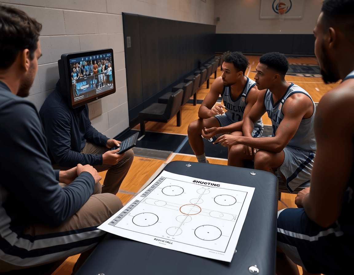 Video review session for basketball practice template with players on the court.