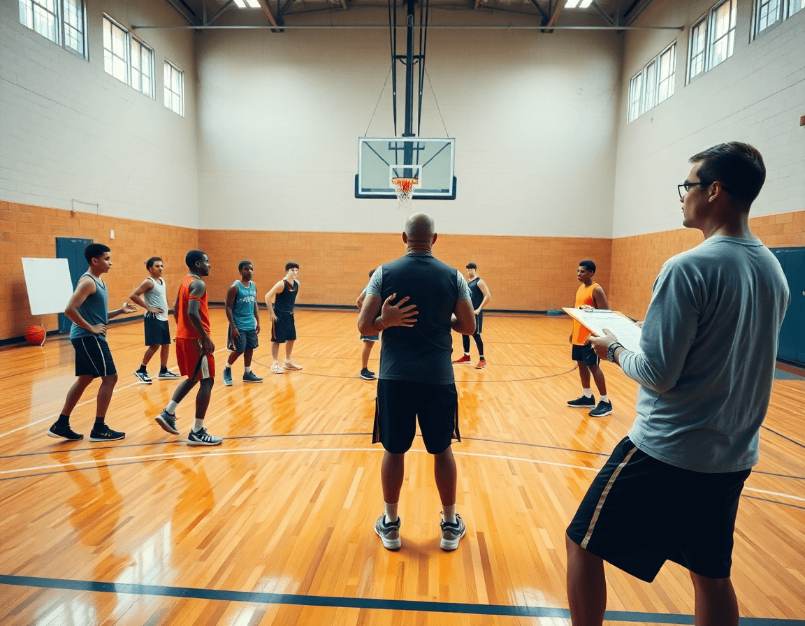 Indoor basketball gym scene illustrating age-specific progression within a basketball practice template.