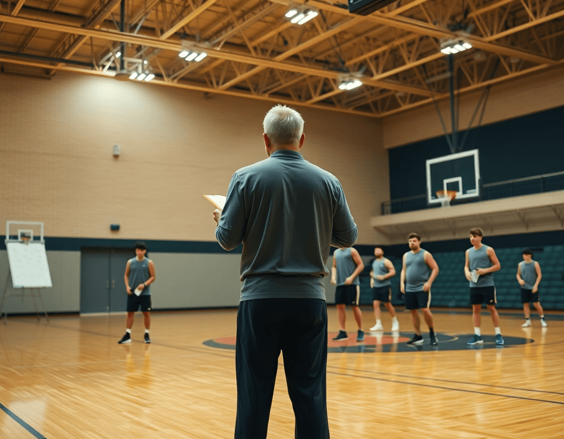 Wide basketball gym scene with coach and players practicing basketball drills during a team session.