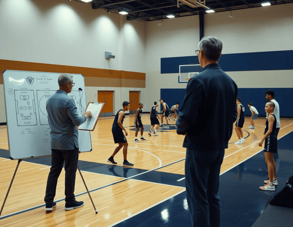 Coach outlines basketball pre-season practice plan plays during a tight drill on the hardwood.