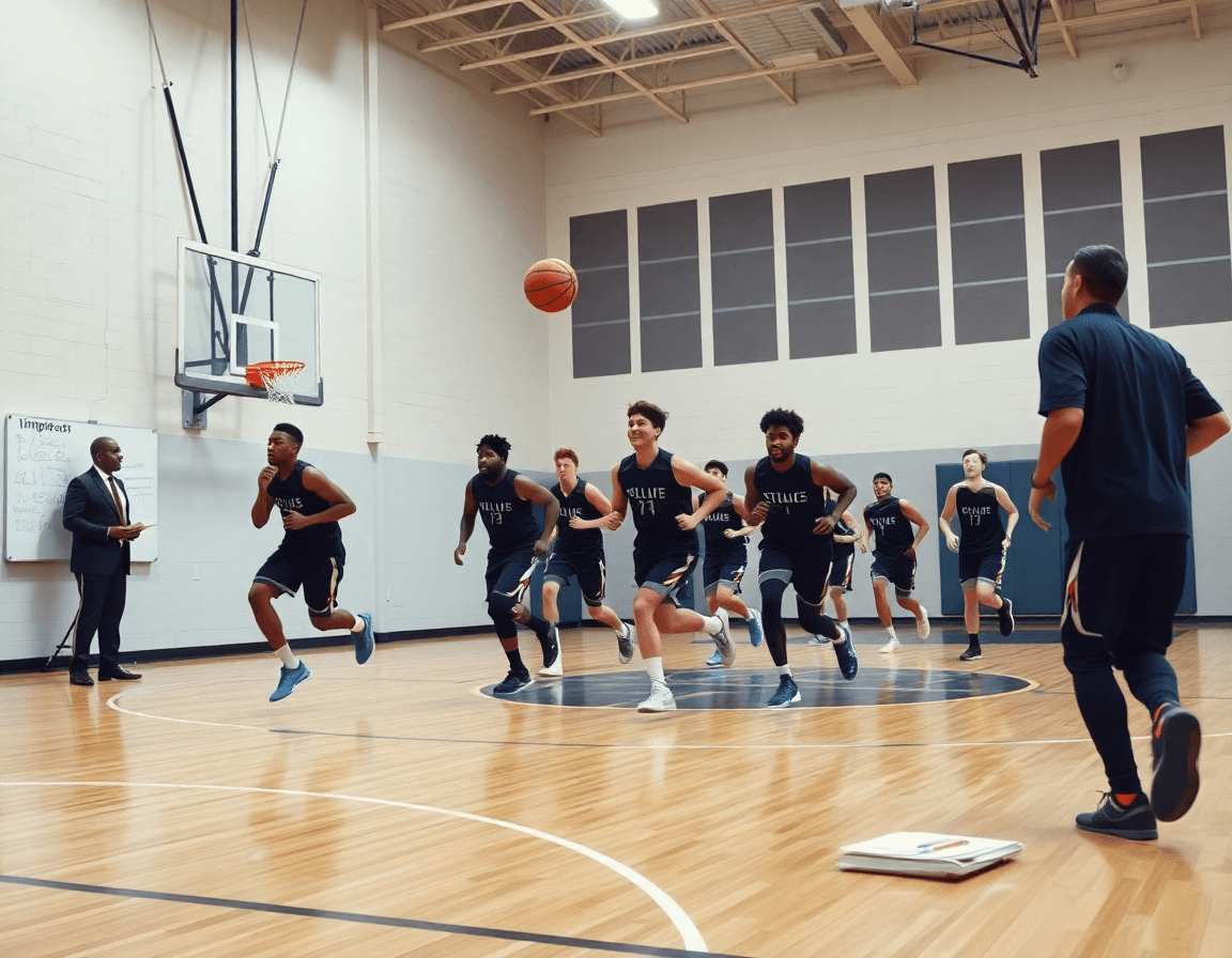 Tight action showing basketball pre-season practice plan progress during a full-court drill.